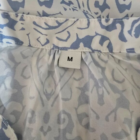 WOMENS BOHO BELL SLEEVE BLUE AND WHITE ALL OVER PRINT  VNECK  DRESS SIZE MED - Picture 7 of 9